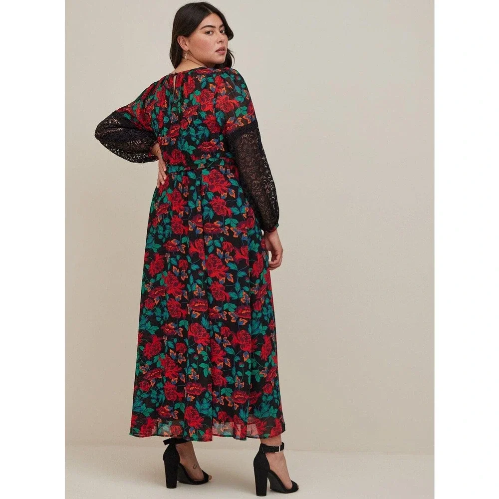 *Read* Torrid SHEER Maxi Peasant Dress Chiffon Floral *Minus Belt Plus Size 2 2X - Picture 5 of 14
